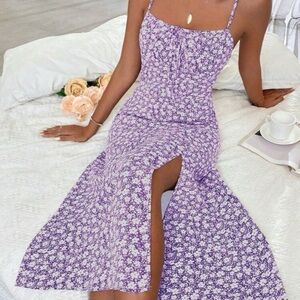 Floral Ruched Bust Slit Spaghetti Strap Dress